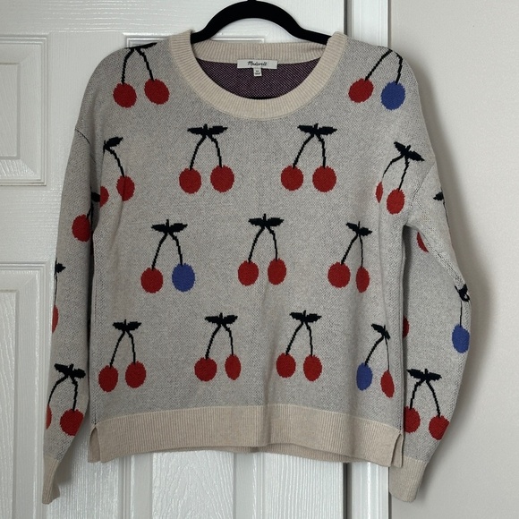 Madewell Cherry Jacquard Pullover Sweater Heather Cement Size Extra Small XS - Picture 2 of 7